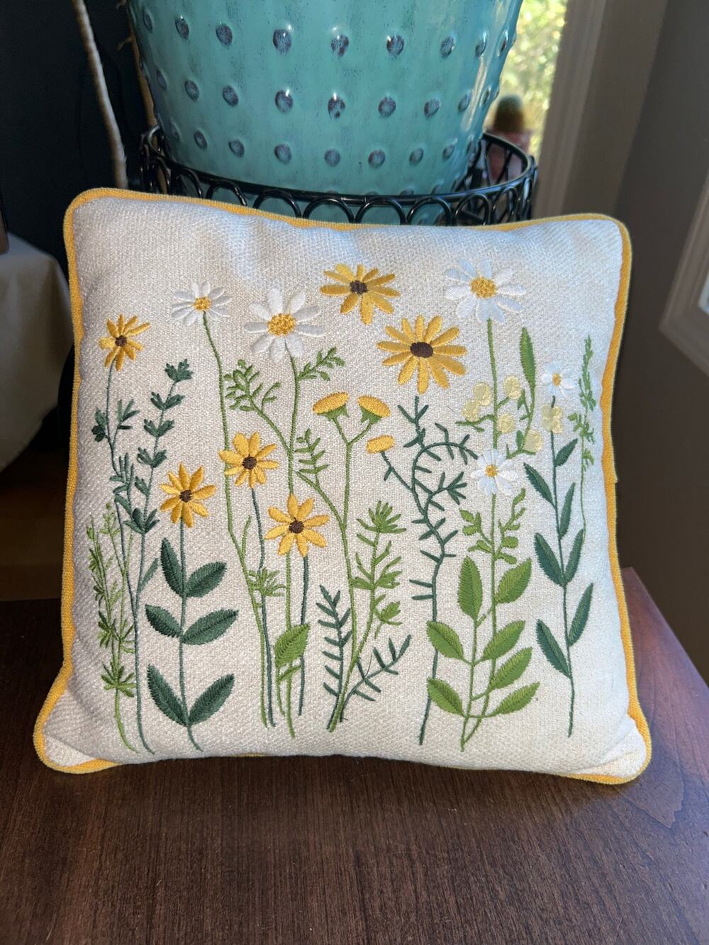 Floral embroidered throw pillow yellow flowers